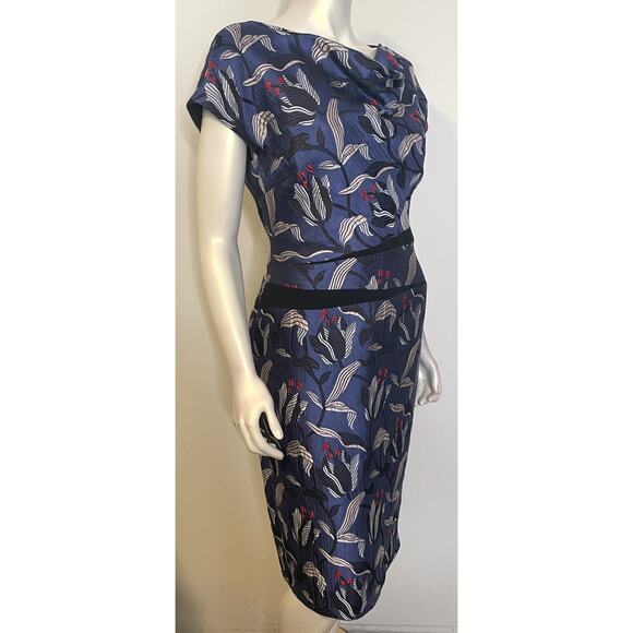 Escada Blue Red White Floral Silk Sheath Dress 42 US 12 SS Fitted Tulip Jacquard - Picture 3 of 12